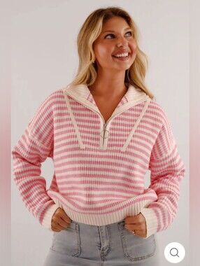 Women's Pink Striped Half-Zip Sweater
